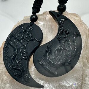 Black Obsidian Hand-carved Yin Yang Dragon & Phoenix Couples Necklace